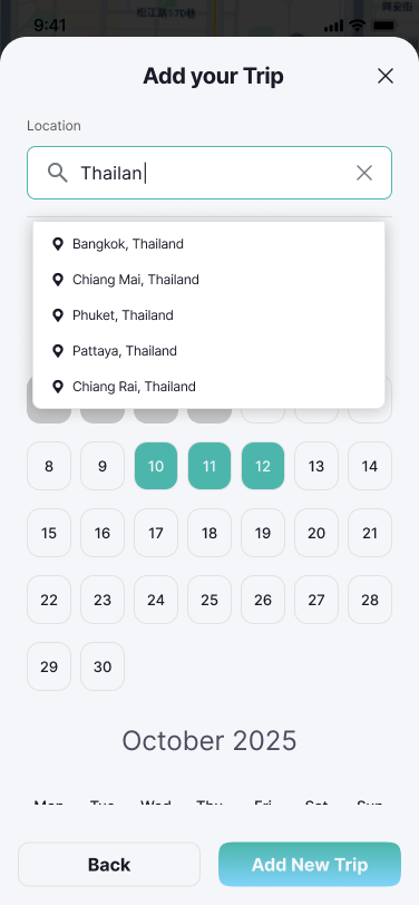Trip planning screen in Lumiix app